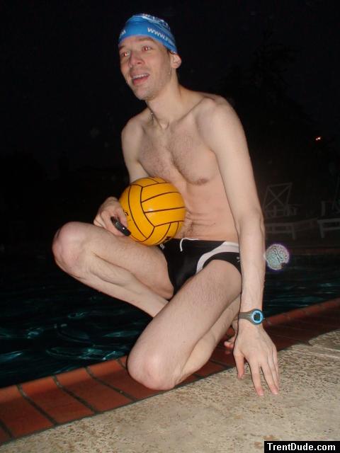 He bikes to the pool (not in the speedo) in order to get about an hour of exercise (feet)