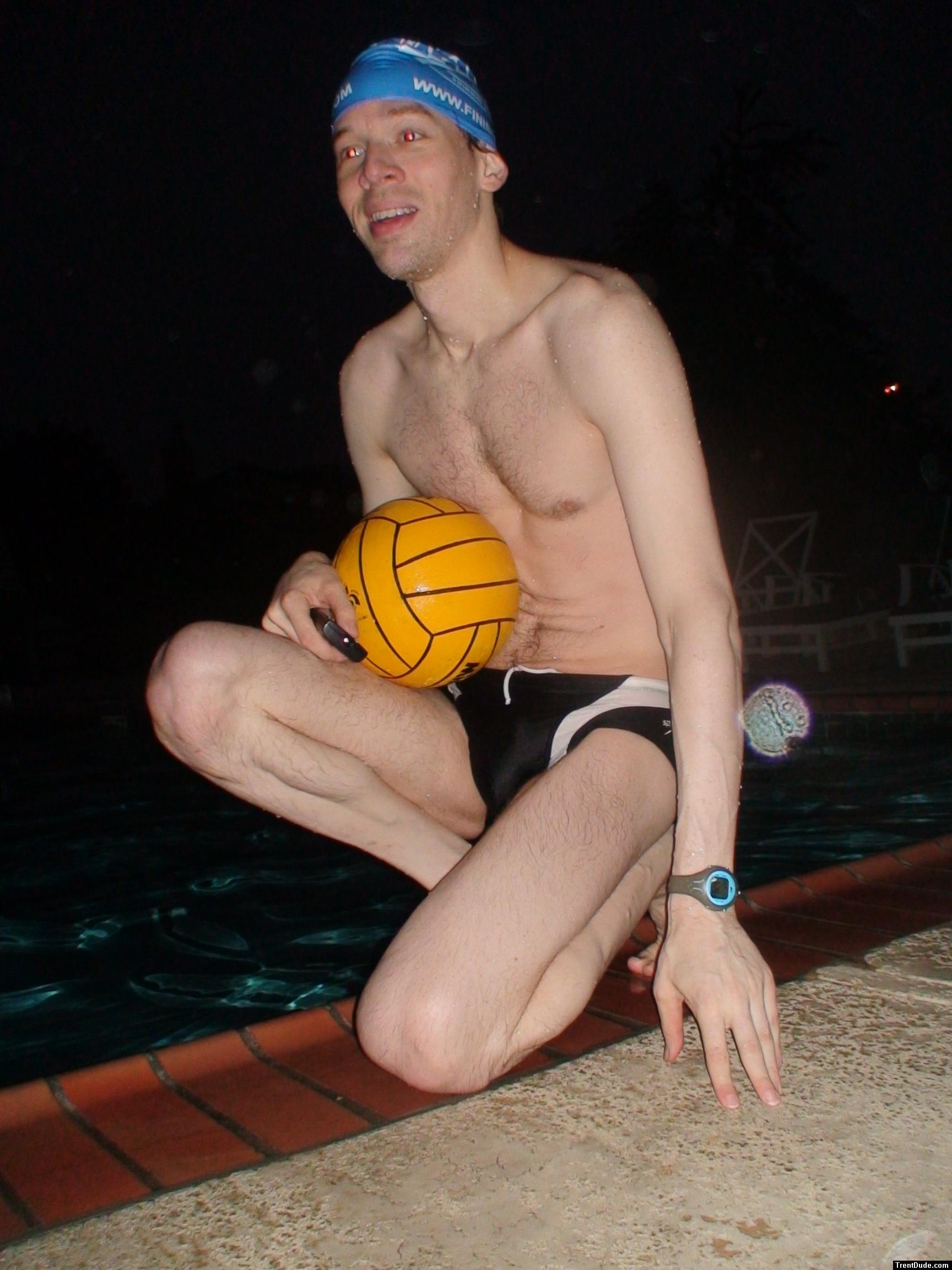 He bikes to the pool (not in the speedo) in order to get about an hour of exercise (feet)