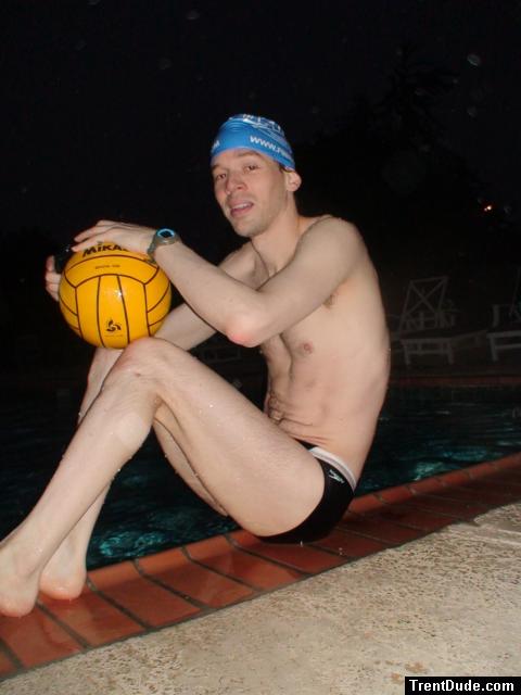 at pool with a water polo ball (legs), blue Finis swim cap