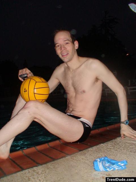 at pool with a water polo ball (legs)