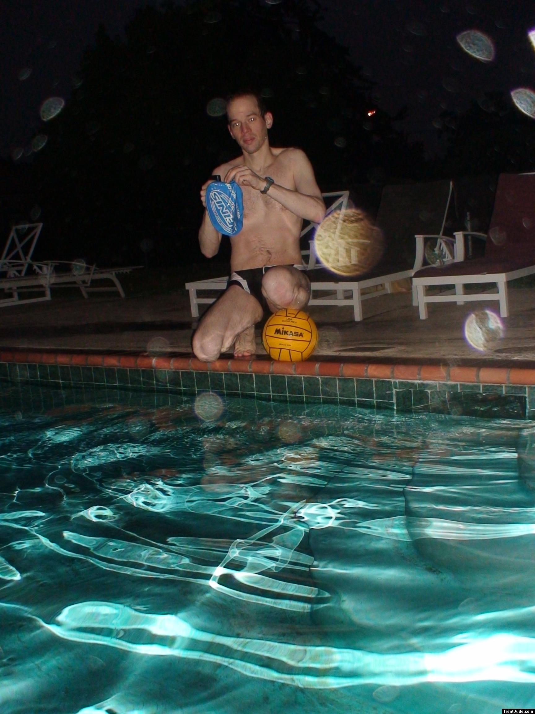 He tries to avoid obesity by getting up early and going to the pool.