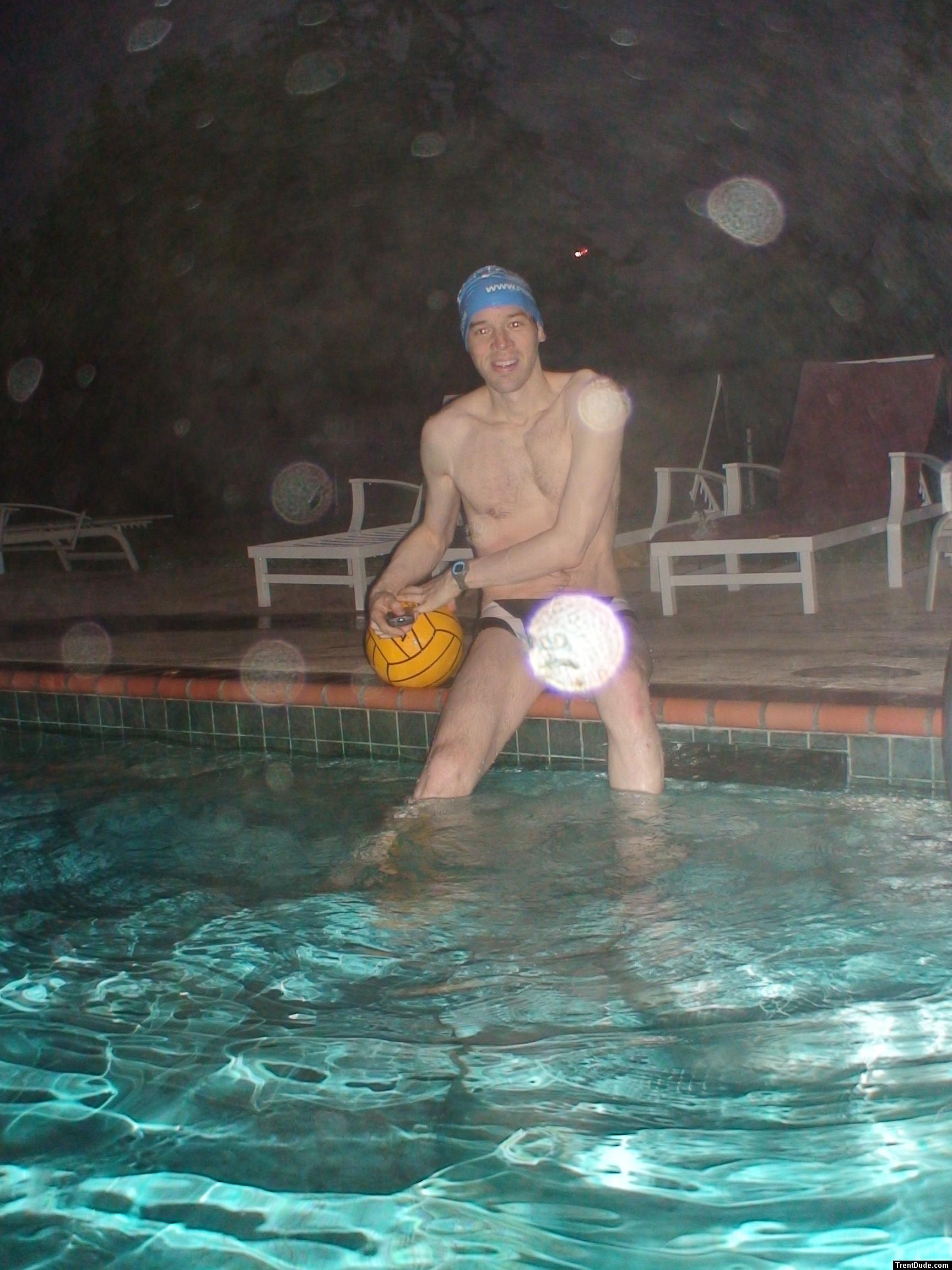 The rain drop covered his speedo
