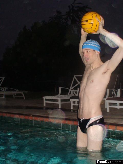 Jumping water polo player throwing a ball in a speedo (armpit) (best)