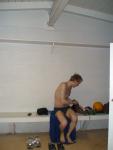 Blue  hanes, water polo ball on the bench