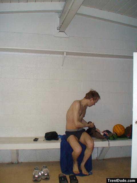 Blue  hanes, water polo ball on the bench