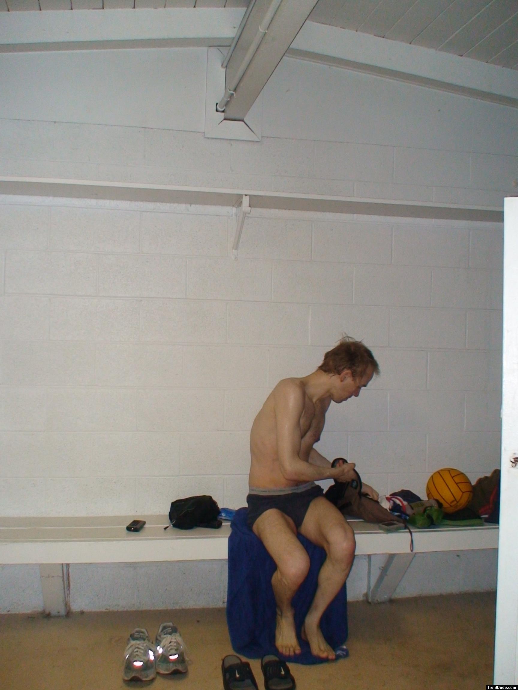 Blue  hanes, water polo ball on the bench