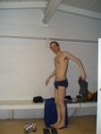Blue  hanes, water polo ball on the bench
