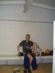 Putting on socks, water polo ball on the ench (feet)