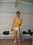 Excited to play some water polo, wearing a white speedo