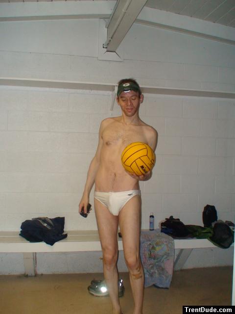 Excited to play some water polo, wearing a white speedo
