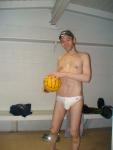 So excited to put on a white Speedo, he forgot to shave and clean his face (bulge)