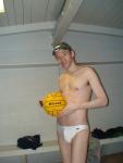 White Speedo Solar 1" size 34" from macys.com, Mikasa water polo ball from Amazon.com (bulge)