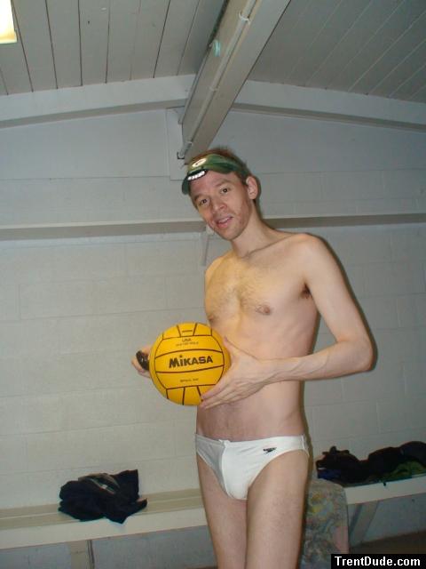 White Speedo Solar 1" size 34" from macys.com, Mikasa water polo ball from Amazon.com (bulge)