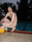 Blue swim cap, white speedo at the pool