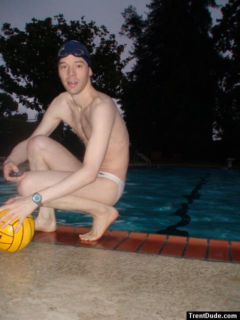Blue swim cap, white speedo at the pool