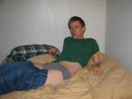 relaxing in  Quiksilver Jeans, green shirt, grey hanes comfort fit