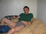 relaxing in  Quiksilver Jeans, green shirt, grey hanes comfort fit