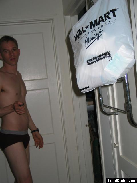The Wal-Mart bag dominates the photo ( Red hanes briefs )