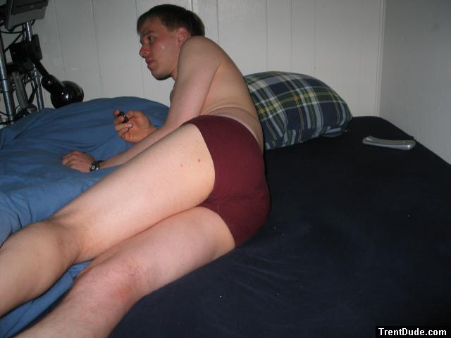 Getting ready to sleep in Red Hanes Fashion Briefs underwear (butt)