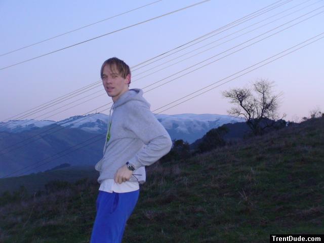 John deere sweatshirt, blue sweat pants, snowy mountain!