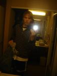 Brown striped shirt! (holding jeans)