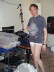 Doing housework in Hanes tightey whiteys