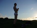 Smiling, happy to be in undies at sunrise