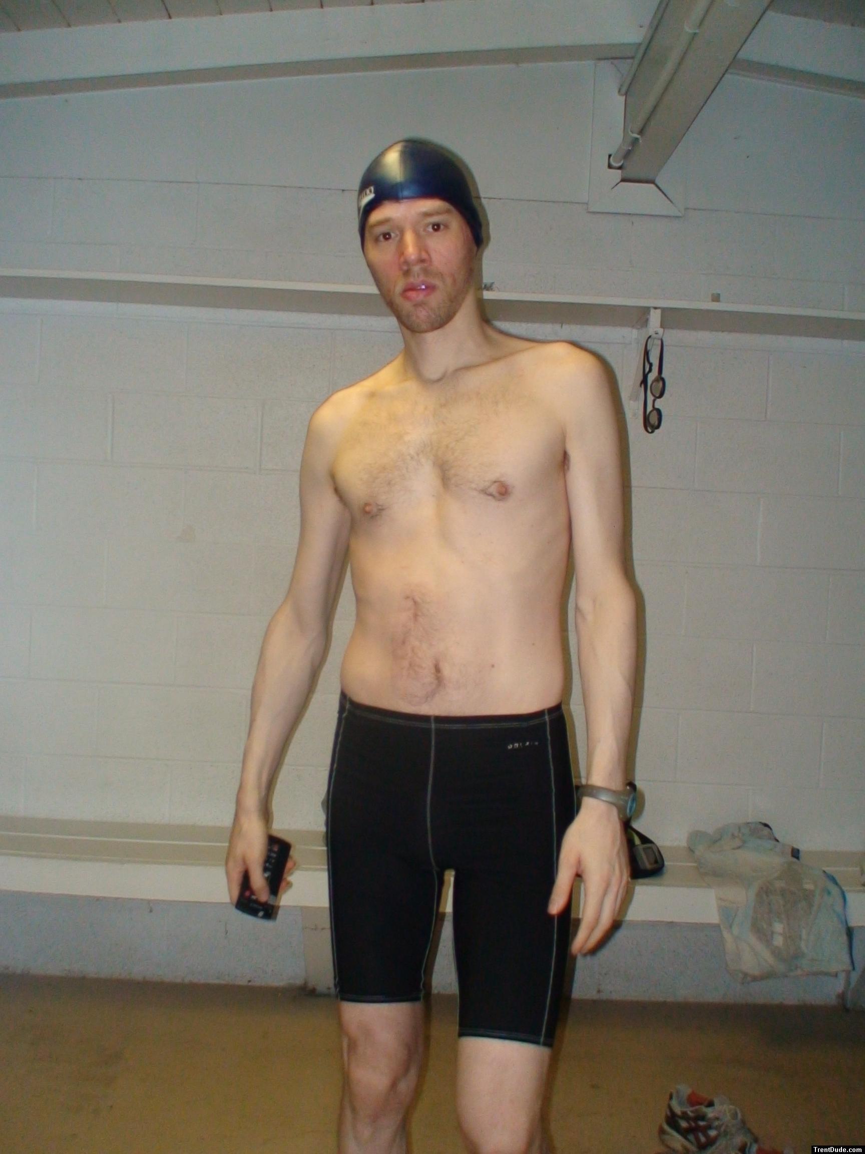 Dude wearing Dolfin swim jammer in the locker room
