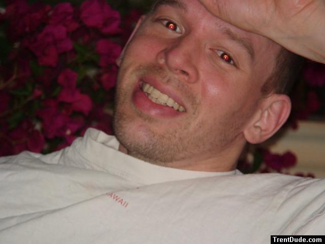 Face and red Bougainvillea flowers, red-eye