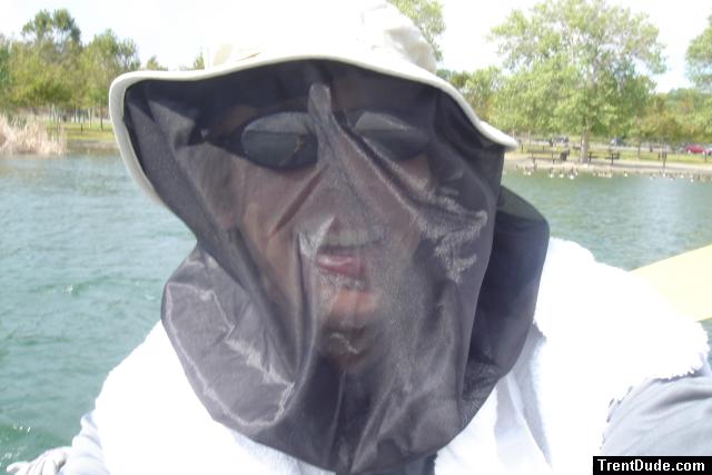 !Trent wearing a skeeto mask on the lake