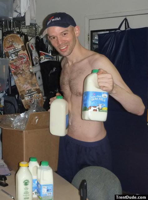 Trent with fresh organic raw milk, which he drinks to improve his sperm count and other health benefits