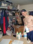 Holding raw milk in blue shorts