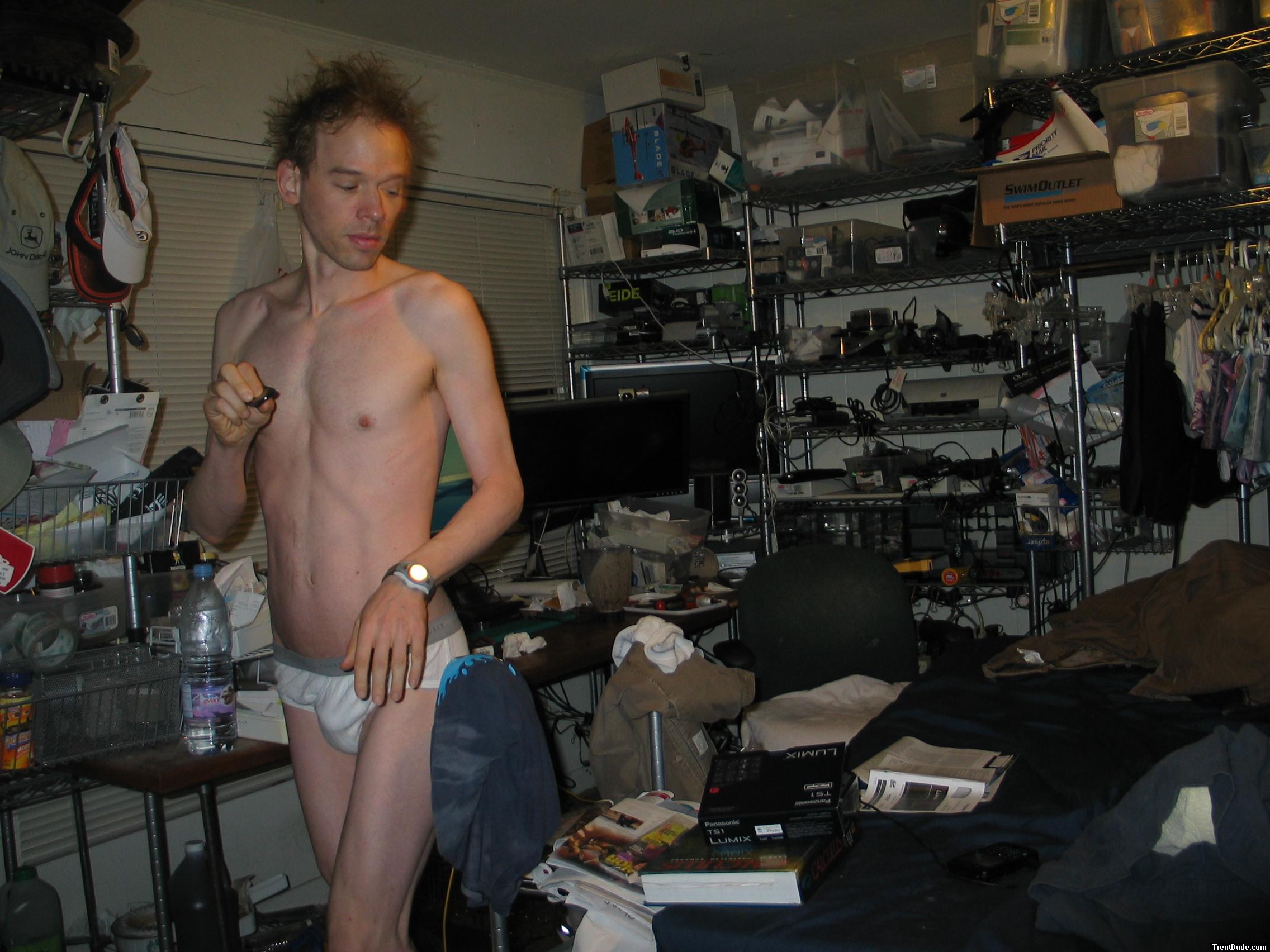 Jockey underwear in the morning with messy hair