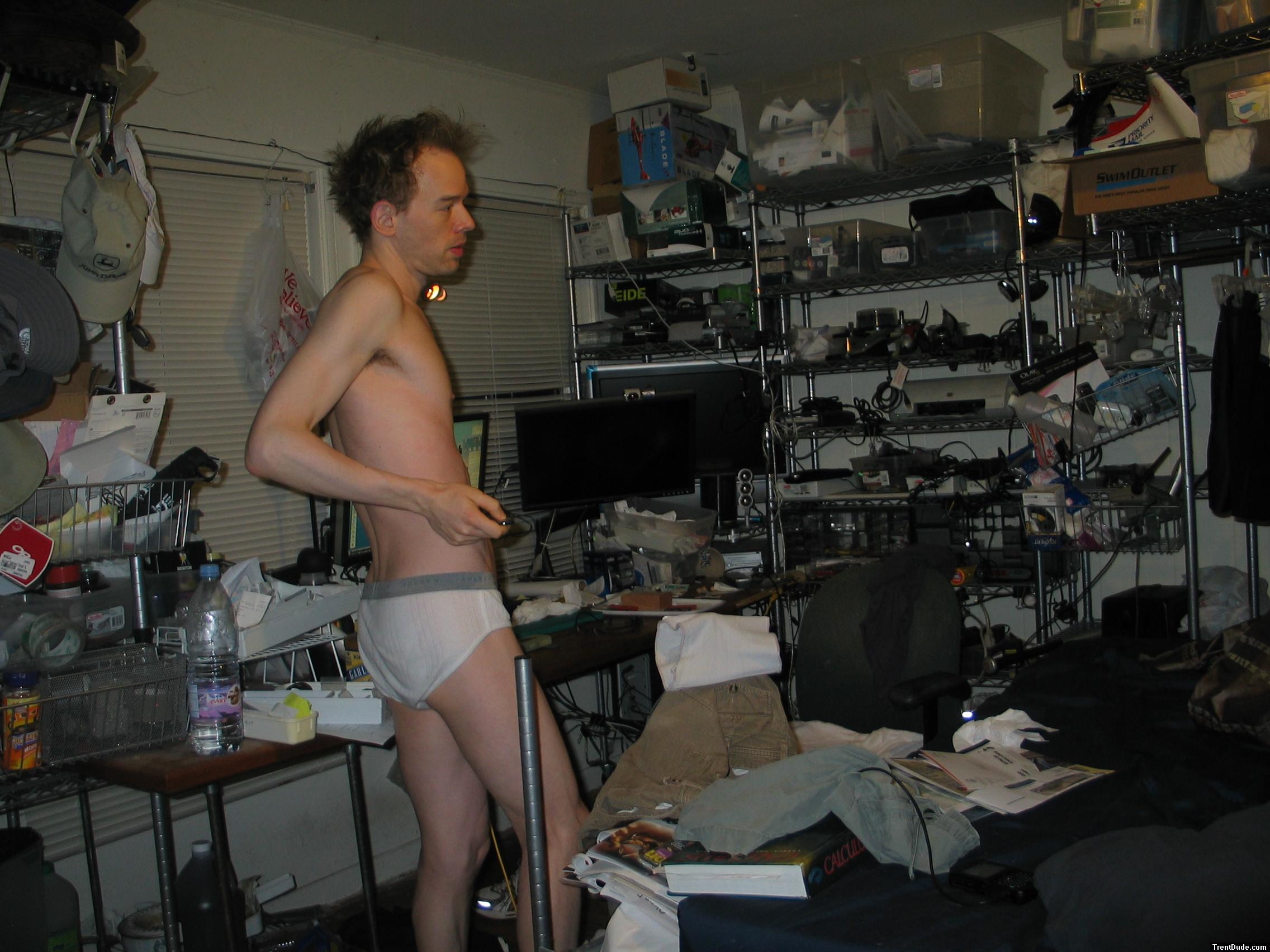 Jockey underwear in the morning with messy hair