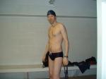 Blue speedo, unshaven