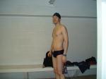 Blue speedo, unshaven