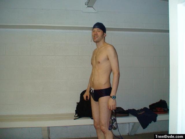 Blue speedo, unshaven