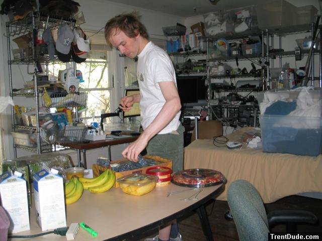 Bananas and berries and a bean dip tray