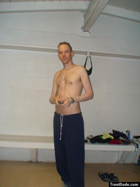 Chest hair, short hair, Blue sweats in the swim locker room,