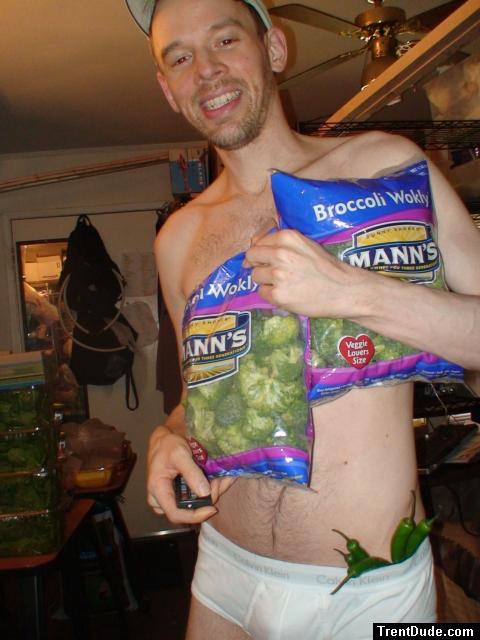 Broccoli and Chilli peppers in white Calvin Klein underwear