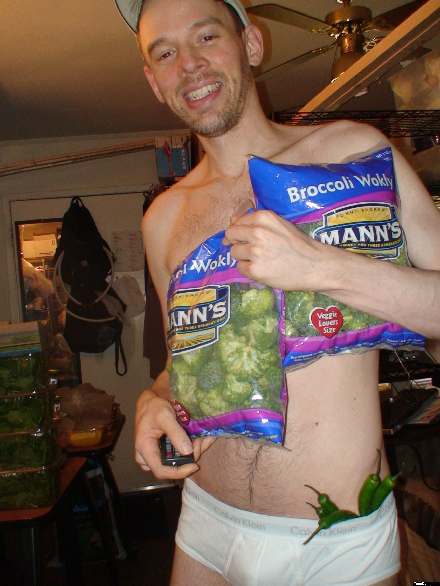 Broccoli and Chilli peppers in white Calvin Klein underwear