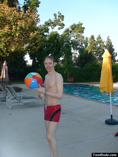Red speedo jammer, and beach ball