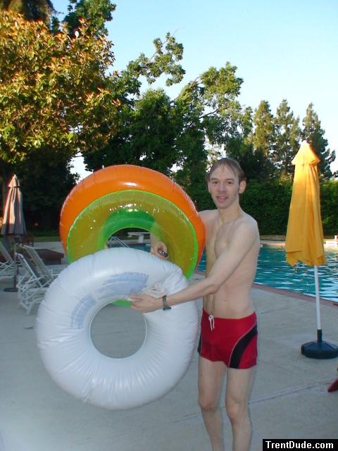 Red speedo jammer, and flotation tubes