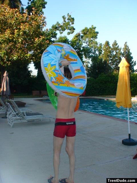 Red speedo jammer, and flotation tubes