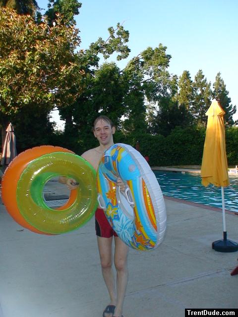 Red speedo jammer, and flotation tubes