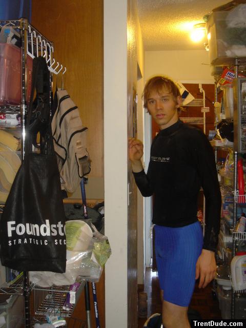 Trent with Body glove aqua top, Speedo aqua pants. - Left side