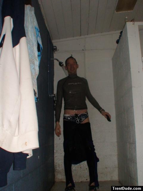Wet suit and swim brief in the shower