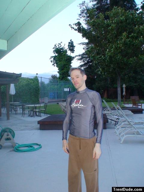 Honolua rash guard, brown puma sweats (before a swim)