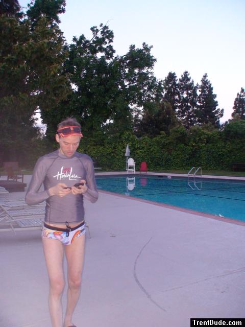 Checking pager before a swim