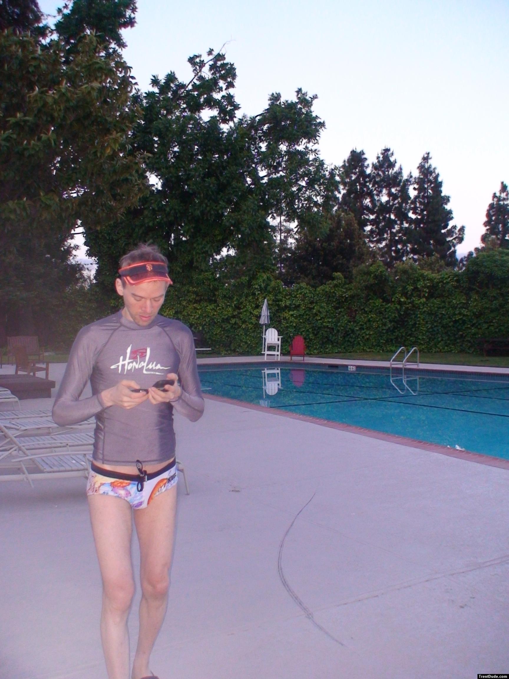 Checking pager before a swim